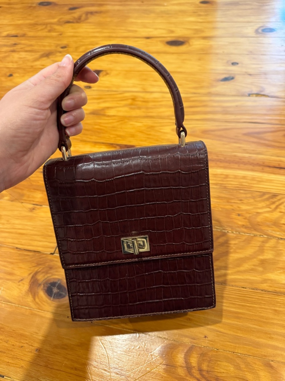 Structured Croc-Embossed Mini Top Handle Bag in Deep Burgundy, real leather - Picture 2 of 7